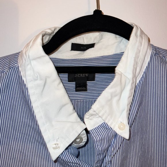 J.Crew Mens Casual Button Down, Blue and White Stripes with Accent Collar - Picture 3 of 3